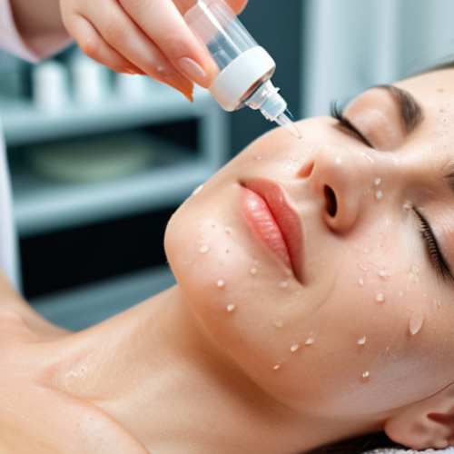 Home 4 ** A close-up, brightly lit shot of a woman's face during a mesotherapy session. Focus on the fine needle and the droplets of serum being injected into the skin. Include the blurred background of a modern, clean cosmetology clinic setting. The woman looks calm and relaxed.
2. **