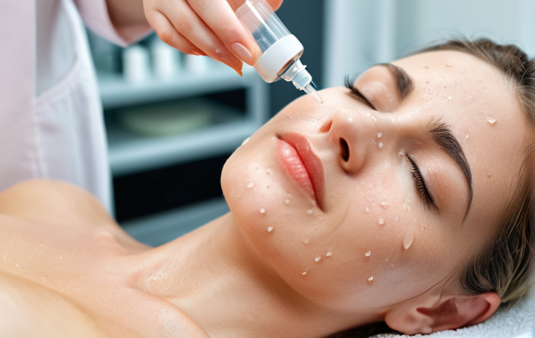 ** A close-up, brightly lit shot of a woman's face during a mesotherapy session. Focus on the fine needle and the droplets of serum being injected into the skin. Include the blurred background of a modern, clean cosmetology clinic setting. The woman looks calm and relaxed.
2. **