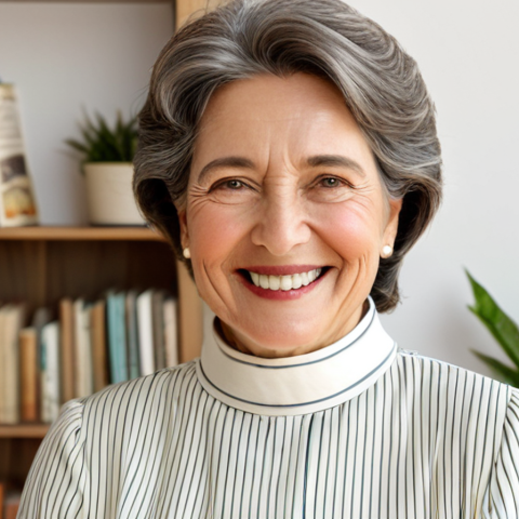 **

A mature woman with a warm smile, showcasing a well-cared-for neck with minimal wrinkles. She is elegantly dressed in a modest, high-necked blouse, with soft, natural lighting highlighting her face. Background is a tastefully decorated living room with plants and books, suggesting a comfortable and fulfilling life. Safe for work, appropriate content, fully clothed, professional, family-friendly, perfect anatomy, natural proportions.

**