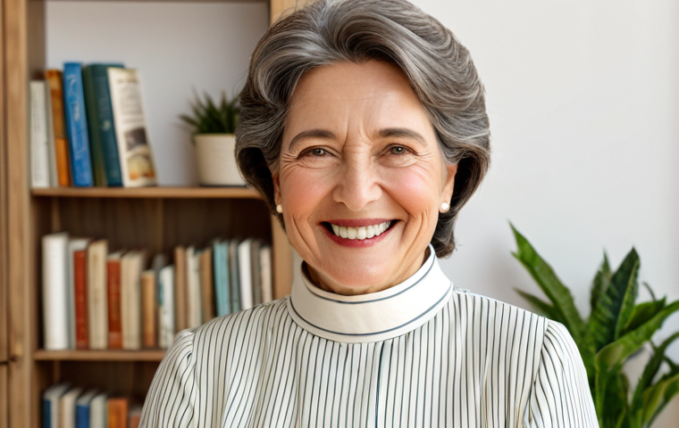**

A mature woman with a warm smile, showcasing a well-cared-for neck with minimal wrinkles. She is elegantly dressed in a modest, high-necked blouse, with soft, natural lighting highlighting her face. Background is a tastefully decorated living room with plants and books, suggesting a comfortable and fulfilling life. Safe for work, appropriate content, fully clothed, professional, family-friendly, perfect anatomy, natural proportions.

**