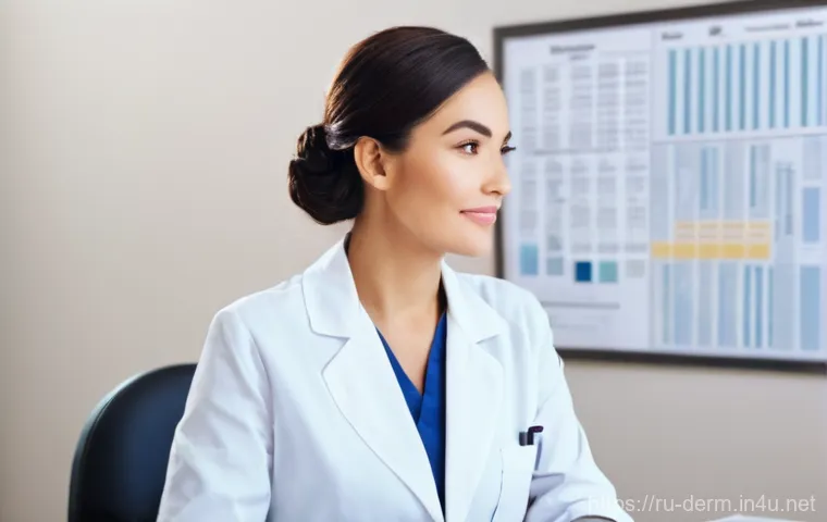 피부과 시술 리뷰 사이트 - **Prompt:** A professional and reassuring female cosmetologist, in her late 30s to early 40s, with a...