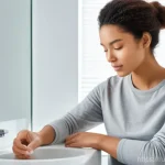 Home 9 피부염 치료제 추천 - A calm and serene young adult, looking contemplative, gently applying a fragrance-free, hypoallergen...