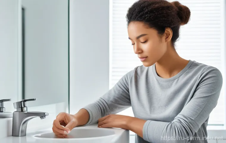 피부염 치료제 추천 - A calm and serene young adult, looking contemplative, gently applying a fragrance-free, hypoallergen...